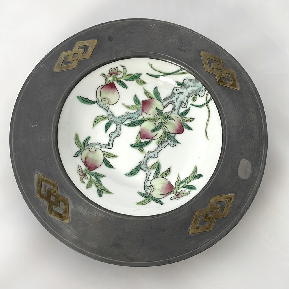 Vintage Japanese Porcelain Hong Kong Pewter Bowl Pomegranate 8.25”